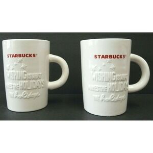 Set of 2‎ Starbucks Coffee Mugs 2010 Christmas Wish Holiday White Red Cups 10 oz